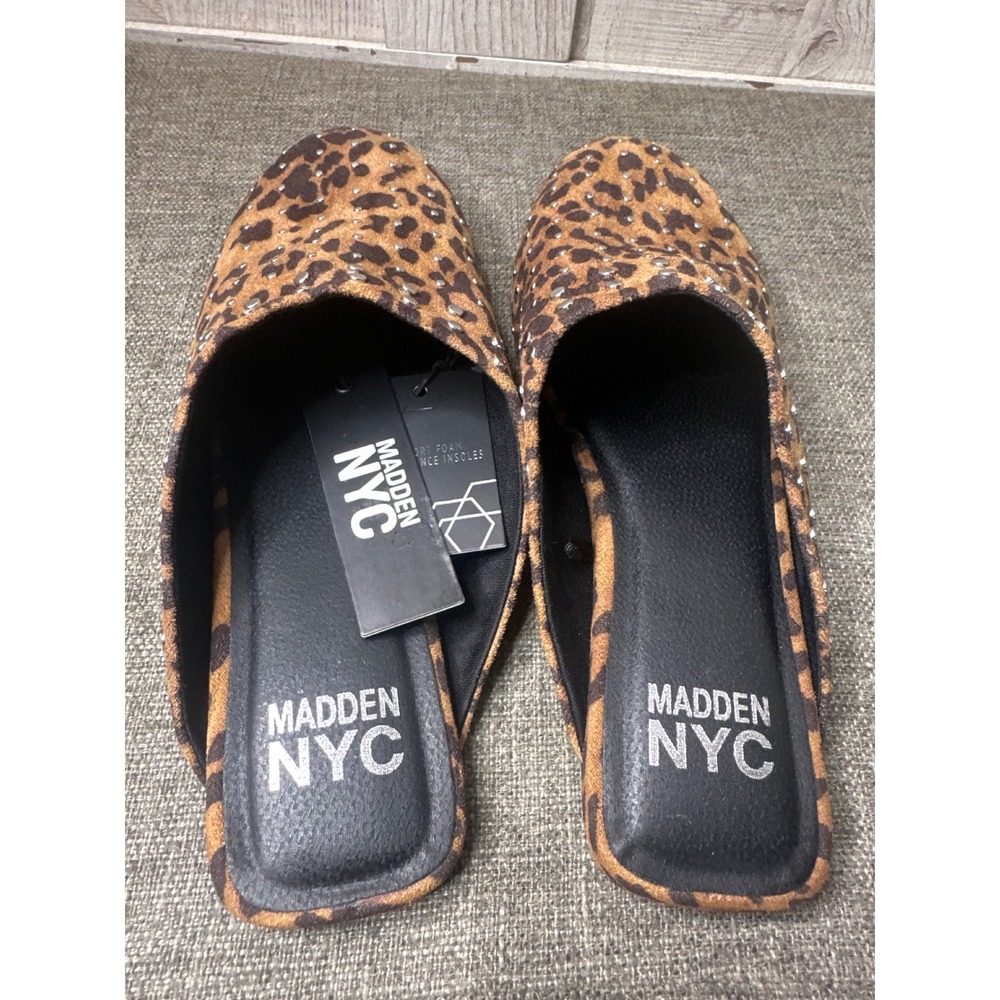 Madden NYC Womens Size 8.5 Leopard Print Faux Suede Studded Slide On Mules Brown - Picture 6 of 8